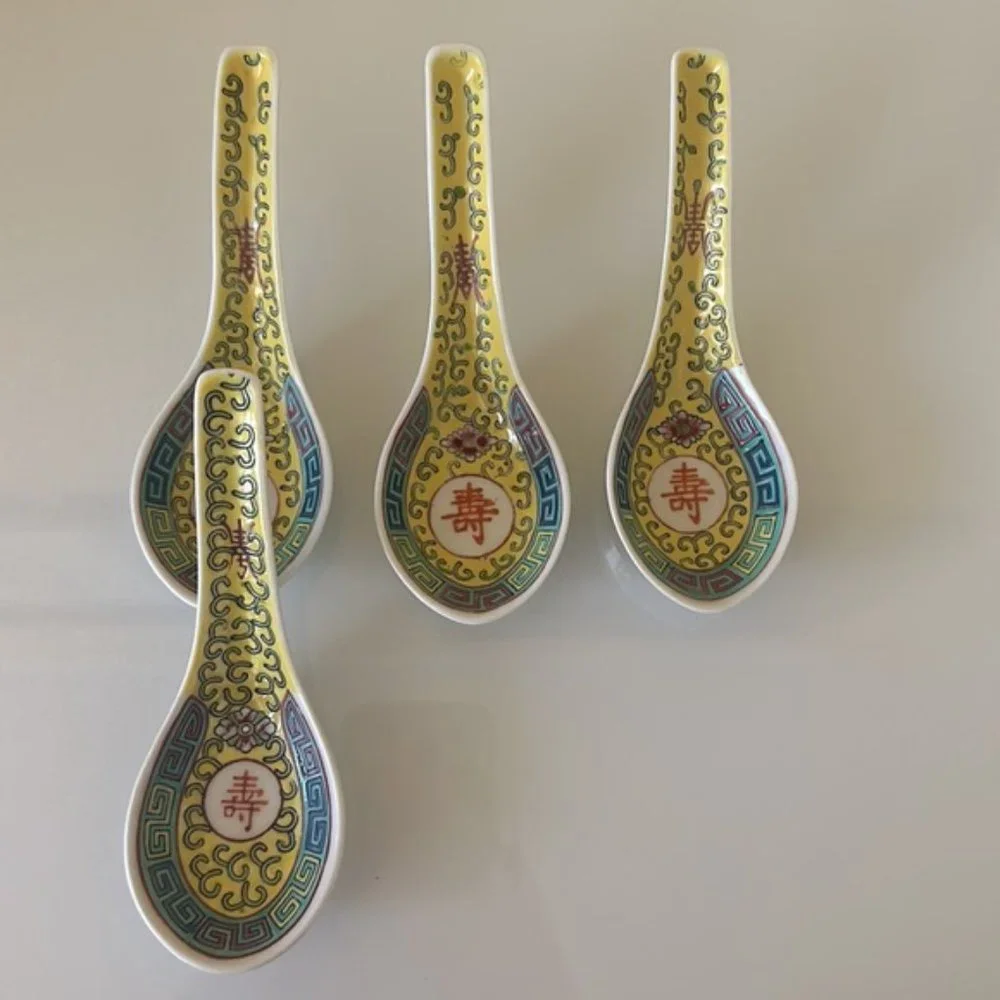 China Jingdezhen Wanshou Porcelain Soup Spoons Yellow Hand Painted Set of 7